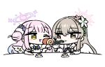  2girls :t bangs blue_archive blue_hair brown_eyes cake chan_co chibi closed_mouth commentary cup dress flower food grey_hair hair_bun hair_flower hair_ornament halo holding holding_food long_hair long_sleeves mika_(blue_archive) multicolored_hair multiple_girls nagisa_(blue_archive) one_eye_closed open_mouth pink_hair purple_flower simple_background single_side_bun swiss_roll white_background white_dress white_flower white_wings wing_ornament wings yellow_eyes 