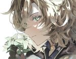 1boy 3lnsy albedo_(genshin_impact) aqua_eyes bangs black_gloves blonde_hair closed_mouth flower from_side genshin_impact gloves hair_between_eyes holding holding_flower looking_at_viewer male_focus portrait scar scar_on_neck simple_background solo white_background white_flower 