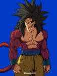  1boy absurdres arms_at_sides artist_name baggy_pants biceps black_hair blood blood_from_mouth blue_sash blue_wristband blurry blurry_background body_fur closed_mouth collarbone commentary_request dragon_ball dragon_ball_gt frown highres horang4628 korean_commentary long_hair looking_away looking_to_the_side male_focus monkey_tail muscular muscular_male pants pectorals red_fur sash scratches serious simple_background solo son_goku spiky_hair standing super_saiyan super_saiyan_4 tail torn_clothes twitter_username v-shaped_eyebrows wristband yellow_eyes yellow_pants 