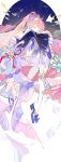  1girl blue_background closed_eyes clothing_request ezu_(e104mjd) fish flower full_body genshin_impact high_ponytail highres japanese_clothes long_hair long_sleeves multicolored_background pink_hair sangonomiya_kokomi solo thigh-highs white_background white_thighhighs 