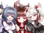  3girls :d :t amagi-chan_(azur_lane) animal_ear_fluff animal_ears antenna_hair azur_lane bangs bell black_dress black_gloves black_hair blunt_bangs bow brown_hair cat_ears cheek_poking commentary_request cross detached_collar dress eyeshadow fake_animal_ears fang fox_ears fox_girl fox_tail gloves green_eyes grey_hair hair_bell hair_between_eyes hair_bow hair_ornament hair_ribbon highres iron_cross japanese_clothes jingle_bell kokonoe910 kyuubi little_cheshire_(azur_lane) little_prinz_eugen_(azur_lane) long_hair long_sleeves looking_at_another looking_at_viewer maid maid_headdress makeup multicolored_hair multiple_girls multiple_tails parted_bangs poking pout ribbon rope shimenawa short_hair short_sleeves sidelocks simple_background smile streaked_hair tail thick_eyebrows turtleneck_dress twintails two-tone_hair two_side_up violet_eyes wide_sleeves yellow_eyes 