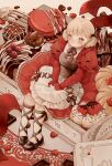  1girl blonde_hair blue_eyes candy chocolate crying crying_with_eyes_open food full_body heart heart-shaped_chocolate highres juliet_sleeves lolita_fashion long_sleeves looking_at_viewer original puffy_sleeves shiiro_illust sitting solo sweet_lolita tears 