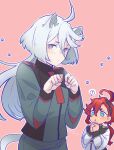  ! 2girls ahoge animal_ear_fluff animal_ears bangs cat_ears cat_girl cat_tail closed_mouth commentary_request green_jacket grey_eyes grey_hair gundam gundam_suisei_no_majo hair_between_eyes highres jacket kemonomimi_mode long_hair long_sleeves miorine_rembran multiple_girls nakaya_(drwh7757) outline own_hands_together parted_lips pink_background red_eyes redhead simple_background spoken_exclamation_mark suletta_mercury tail very_long_hair white_jacket white_outline 