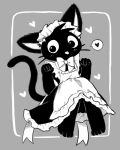  1girl animal_ears apron bangs black_dress blush border bow bowtie cat_ears cat_girl cat_tail clenched_hands closed_mouth commentary dress flat_chest frilled_apron frills full_body furry furry_female grey_background greyscale hands_up heart highres knees_up light_blush long_dress looking_at_viewer maid monochrome non_nya_nya original outside_border ribbon short_hair short_sleeves simple_background sitting sketch solo speech_bubble spoken_heart symbol-only_commentary tail tail_raised tongue tongue_out whiskers white_border wide-eyed 