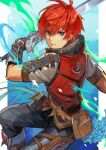  1boy adol_christin belt_pouch black_eyes gloves highres holding holding_sword holding_weapon looking_at_viewer pouch redhead short_hair short_sleeves signature solo sword weapon yora ys 