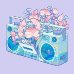  artist_name boombox commentary flower highres hiro046k leaf no_humans original pink_flower plant purple_background radio simple_background sparkle stereo still_life twitter_username white_flower 