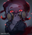  1girl absurdres artist_name bangs black_jacket blurry blurry_foreground commentary_request depth_of_field eyelashes glowing glowing_eyes grey_background hand_up highres iguana152588 jacket long_sleeves looking_at_viewer mask medium_hair octoling octoling_girl paint_splatter parted_bangs red_eyes redhead respirator short_eyebrows sidelocks simple_background solo splatoon_(series) splatoon_2 suction_cups tentacle_hair upper_body 