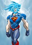  alternate_costume alternate_universe beard cosplay crossover dc_comics dragon_ball electricity facial_hair highres mustache son_goku super_saiyan super_saiyan_blue superhero superman superman_(cosplay) superman_(series) terry_jones_(tyrranux) 