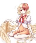  1girl barefoot bird blonde_hair chick curly_hair dress highres holding looking_at_viewer multicolored_hair niwatari_kutaka open_mouth orange_dress puffy_sleeves red_eyes red_tie redhead rooster_tail shadow shirt sitting solo suna_sen touhou white_background white_shirt wings yellow_wings 