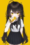  1girl absurdres arm_behind_back bangs black_hair breasts hair_ornament hairclip highres karou_(lhscck302) long_hair looking_at_viewer neck_ribbon original pleated_skirt ribbon simple_background skirt solo spray_can twintails yellow_background yellow_eyes 