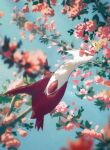  arc_draws blurry commentary_request cutiefly day eye_contact flower flying highres latias looking_at_another no_humans outdoors petals pink_flower pokemon pokemon_(creature) yellow_eyes 