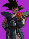 1boy absurdres armor artist_name bangs biceps black_eyes black_hair breastplate cowboy_shot dragon_ball dragon_ball_z food fruit hair_between_eyes hand_on_hip hand_up highres holding holding_food holding_fruit horang4628 looking_at_viewer male_focus monkey_tail muscular muscular_male parted_lips purple_background saiyan_armor scouter shoulder_armor simple_background smile smirk solo spiky_hair standing tail tail_around_waist teeth tullece twitter_username v-shaped_eyebrows vambraces 