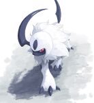 1other absol ambiguous_gender claws creature horns mane no_humans pokemon red_eyes shadow simple_background single_horn solo uninori walking white_background white_fur 