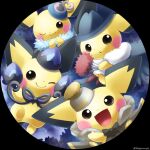  black_eyes chandelure circle closed_mouth cosplay dusknoir halloween_costume hand_up highres honchkrow jumping looking_at_viewer no_humans one_eye_closed open_mouth parted_lips pichu pokemon pokemon_(creature) sasabunecafe smile twitter_username 