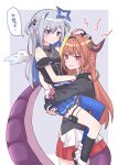  2girls ahoge amane_kanata angel_wings asymmetrical_legwear bangs bare_shoulders black_dress black_gloves black_hairband black_jacket blonde_hair blue_hair blue_thighhighs blunt_bangs blush border carrying carrying_person colored_inner_hair cowboy_shot dragon_girl dragon_horns dragon_tail dress fangs feathered_wings feet_out_of_frame frilled_dress frills frown gloves gradient_dress gradient_wings grey_background grey_hair hair_intakes hair_ornament hairband hairclip halo hand_on_another&#039;s_head hand_on_another&#039;s_shoulder highres hitsuji_nata hololive horns jacket jewelry kiryu_coco kneehighs long_hair looking_at_another looking_at_viewer miniskirt mismatched_legwear multicolored_eyes multicolored_hair multicolored_wings multiple_girls necklace official_alternate_costume orange_hair outside_border parted_lips partially_fingerless_gloves pink_hair pleated_dress pleated_skirt pointy_ears red_eyes red_skirt shirt short_dress sidelocks simple_background single_hair_intake single_kneehigh single_sock single_thighhigh skin_fangs skirt sleeveless sleeveless_dress socks star_(symbol) star_halo star_necklace streaked_hair sweatdrop tail thigh-highs thigh_pouch thought_bubble translation_request uneven_legwear violet_eyes virtual_youtuber white_border white_shirt wings 