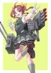  1girl absurdres adapted_turret ahoge bike_shorts brown_footwear brown_hair cannon collared_shirt commission dress_shirt feet_out_of_frame from_behind gloves green_ribbon grey_skirt grey_socks grey_vest hair_ribbon highres kagerou_(kancolle) kantai_collection loafers long_hair looking_at_viewer looking_back machinery neck_ribbon ooike_teru pleated_skirt ribbon running school_uniform shirt shoes short_sleeves shorts shorts_under_skirt skeb_commission skirt socks solo torpedo_launcher turret twintails vest violet_eyes white_gloves white_shirt yellow_ribbon 