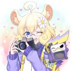  1girl blonde_hair blue_eyes blue_jacket blush camera chinchilla_ears chinchilla_girl glasses holding holding_camera jacket long_sleeves looking_at_viewer mel6969 one_eye_closed open_mouth rameca_(show_by_rock!!) short_hair show_by_rock!! smile solo teeth 
