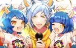  3boys animal_ears balt_(show_by_rock!!) blue_hair brothers highres holding holding_microphone horns horse_ears light_blue_hair looking_at_viewer male_focus mel6969 microphone multiple_boys nickel_(show_by_rock!!) orange_eyes shirt short_sleeves show_by_rock!! siblings single_horn titan_(show_by_rock!!) unicorn_boy white_shirt 