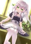  1girl absurdres alternate_costume apron bangs blurry choker collarbone commentary depth_of_field dress enmaided foot_out_of_frame frilled_choker frills genshin_impact gradient_hair green_eyes hair_between_eyes hair_ornament highres juliet_sleeves leaf_hair_ornament legs long_sleeves looking_at_viewer maid maid_apron maid_headdress milkshake_(user_bwu4733) multicolored_hair nahida_(genshin_impact) no_shoes pantyhose parted_lips pinafore_dress pointy_ears puffy_sleeves short_hair short_sleeves side_ponytail sidelocks sitting solo sunlight symbol-shaped_pupils two-tone_hair white_hair white_pantyhose window wrist_cuffs 