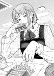  1girl bangs burger chainsaw_man dress ear_piercing earrings eating elbow_rest fami_(chainsaw_man) family_burger_(chainsaw_man) fast_food food food_on_face fourth_east_high_school_uniform french_fries greyscale highres holding holding_food jewelry kanazawa_shinnosuke looking_at_object mole mole_under_eye mole_under_mouth monochrome multiple_moles neck_ribbon piercing pinafore_dress ribbon ringed_eyes school_uniform short_hair solo tassel tassel_earrings 