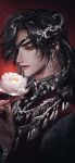  1boy black_hair black_nails chinese_clothes ear_chain eyepatch flower highres holding holding_flower hua_cheng long_hair long_sleeves looking_at_another male_focus momo_mmol red_eyes tian_guan_ci_fu white_flower wide_sleeves 