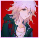  1boy bangs border cha_xinzi collarbone commentary_request danganronpa_(series) danganronpa_2:_goodbye_despair green_eyes green_jacket grey_hair highres hood hood_down hooded_jacket jacket komaeda_nagito male_focus messy_hair open_clothes open_jacket portrait print_shirt red_background shirt solo white_border white_shirt 