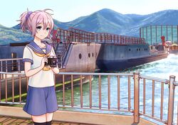  1girl aoba_(kancolle) black_thighhighs blue_eyes blue_scrunchie blue_sky bridge camera clouds cowboy_shot day hair_ornament hair_scrunchie hitakikan kantai_collection landscape looking_at_viewer mountain neckerchief outdoors pink_hair ponytail purple_sailor_collar purple_shorts railing sailor_collar sailor_shirt scrunchie ship shirt short_hair shorts sky solo thigh-highs watercraft white_shirt yellow_neckerchief 