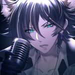  1boy animal_ears aqua_eyes black_hair earrings extra_ears fox_boy fox_ears holding holding_microphone jewelry looking_at_viewer male_focus mel6969 microphone multicolored_hair music necklace open_mouth short_hair show_by_rock!! shu_zo_(show_by_rock!!) singing solo white_hair 