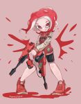  1girl :q absurdres artist_name bangs bike_shorts black_shorts blush buttons closed_mouth commentary_request dual_wielding dualie_squelcher_(splatoon) eyelashes forehead full_body gun highres holding holding_gun holding_weapon iguana152588 jacket letterman_jacket licking_lips long_sleeves looking_at_viewer medium_hair octoling octoling_girl paint paint_splatter parted_bangs purple_background red_eyes red_footwear red_jacket redhead shoes short_eyebrows short_shorts shorts simple_background smile sneakers solo splatoon_(series) splatoon_2 standing suction_cups tentacle_hair tongue tongue_out weapon 