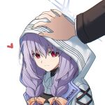  1boy 1girl atsuko_(blue_archive) bangs blue_archive bow braid bulletproof_vest hair_between_eyes hair_bow hair_ribbon halo headpat heart highres hood hooded_coat hoodie long_hair long_sleeves looking_at_viewer low_twintails okaarii out_of_frame purple_hair red_eyes ribbon sensei_(blue_archive) sidelocks simple_background smile twin_braids twintails white_background white_hoodie 