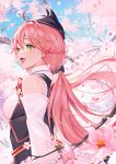  1girl ahoge bangs bare_shoulders blush branch breasts cherry_blossoms detached_sleeves flower green_eyes hair_between_eyes hair_ornament hairclip highres hololive kainown long_hair open_mouth outdoors petals pink_hair pink_theme sakura_miko solo tree virtual_youtuber wind 