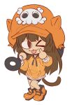  1girl :3 anchor bike_shorts brown_eyes brown_hair cat_tail full_body guilty_gear guilty_gear_strive hat highres holding holding_anchor hood hoodie long_hair looking_at_viewer may_(guilty_gear) melty_blood mil17459623 neco-arc one_eye_closed orange_footwear orange_headwear orange_hoodie simple_background skull_and_crossbones solo standing tail tongue tongue_out tsukihime white_background 