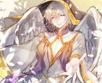  1boy angel angel_wings black_cloak blonde_hair blue_eyes cloak cross cross_necklace ensemble_stars! feathered_wings gloves jewelry long_sleeves looking_at_viewer male_focus necklace ratcy_(ansuta_rm) robe short_hair smile solo teeth tenshouin_eichi white_background white_gloves white_robe wings 