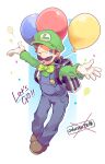  1boy ;d arms_up backpack bag balloon blue_background blue_eyes blue_overalls blue_pants bow bowtie brown_bag brown_footwear brown_hair buttons commentary_request confetti english_text facial_hair full_body gloves green_bow green_bowtie green_headwear green_shirt hat kayako_(bimabima) long_sleeves looking_at_viewer luigi male_focus mustache one_eye_closed open_mouth overalls pants shirt shoes short_hair simple_background smile solo super_mario_bros. teeth upper_teeth_only white_background white_gloves 