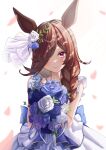  1girl animal_ears ash_kabon blue_flower blue_rose blush bouquet braid braided_ponytail brown_hair closed_mouth dress flower glint hair_flower hair_ornament hair_over_one_eye highres holding holding_bouquet horse_ears jewelry long_hair looking_at_viewer necklace petals rice_shower_(longed-for_scenery)_(umamusume) rice_shower_(umamusume) rose sleeveless sleeveless_dress smile solo umamusume upper_body violet_eyes white_dress white_flower white_rose 