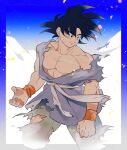  1boy black_hair closed_mouth cuuupo dougi dragon_ball dragon_ball_z falling_petals large_pectorals male_focus muscular muscular_male pants pectorals petals short_hair simple_background smile solo son_goku spiky_hair torn torn_clothes torn_pants twitter_username wristband 