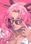  1boy adjusting_eyewear animal_ears argon_(show_by_rock!!) collared_shirt dark-skinned_male dark_skin glasses goat_boy goat_ears goat_horns heart horns long_hair looking_at_viewer low_ponytail male_focus mel6969 pink_background pink_hair shirt show_by_rock!! side_ponytail solo violet_eyes white_shirt 