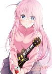  1girl absurdres bangs bocchi_the_rock! can coca-cola cola commentary_request crossed_bangs cube_hair_ornament drink electric_guitar gotou_hitori guitar hair_between_eyes hair_ornament hair_over_shoulder highres holding holding_can holding_drink instrument jacket long_hair looking_at_viewer pink_hair pink_jacket pink_track_suit pleated_skirt purple_skirt seiza shadow shigure_(sigre) sidelocks simple_background sitting skirt sleeves_past_wrists solo track_jacket very_long_hair white_background zipper_pull_tab 