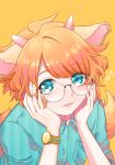 1boy animal_ears blue_eyes glasses horns looking_at_viewer male_focus mel6969 open_mouth orange_hair round_eyewear selen_(show_by_rock!!) sheep_boy sheep_ears sheep_horns short_hair short_sleeves show_by_rock!! smile solo watch watch yellow_background 