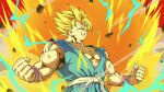  1boy absurdres artist_name aura biceps blonde_hair blood blood_from_mouth clenched_hands clenched_teeth commentary_request debris dougi dragon_ball electricity energy green_eyes hands_up highres horang4628 korean_commentary male_focus muscular muscular_male pectorals pink_wristband rock sash scratches solo son_goku spiky_hair super_saiyan super_saiyan_2 teeth torn_clothes twitter_username upper_body v-shaped_eyebrows white_sash wristband 