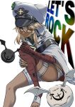  1girl ass bandaged_arm bandages blonde_hair clover dark-skinned_female dark_skin four-leaf_clover guilty_gear guilty_gear_strive highres kaijin-m looking_at_viewer lucifero_(guilty_gear) orange_eyes ramlethal_valentine red_bandage short_shorts shorts thigh_strap 