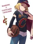 1girl arm_warmers ball bang_dream! baseball_cap basketball black_headwear black_shirt blonde_hair bracelet cleveland_cavaliers collared_shirt copyright_name earrings frown hat highres holding holding_ball holding_clothes holding_jacket jacket jacket_removed jewelry letterman_jacket multiple_rings national_basketball_association nike red_jacket ring satou_masuki shirt short_hair single_arm_warmer solo t-shirt white_shirt yazawa_happyaro yellow_eyes