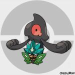  closed_mouth commentary_request full_body highres mask no_humans ogerpon outstretched_arms poke_ball_symbol pokemon pokemon_(creature) red_eyes shigeyasu. twitter_username watermark yamask 