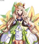  1girl alexdiemaschine bangs blonde_hair butterfly_hair_ornament celine_(fire_emblem) cowboy_shot crown dated detached_sleeves dress fire_emblem fire_emblem_engage flower green_eyes hair_ornament hand_on_own_chest highres long_hair looking_at_viewer smile solo very_long_hair 
