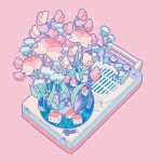  artist_name commentary flower highres hiro046k house leaf no_humans original pink_background pink_flower plant record simple_background sparkle still_life turntable twitter_username white_flower 