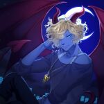  1boy black_shirt blonde_hair blue_eyes blue_skin colored_skin crescent_moon demon_boy demon_horns demon_tail demon_wings deyan_(show_by_rock!!) highres horns jewelry long_sleeves looking_at_viewer male_focus mel6969 moon necklace night night_sky open_mouth shirt short_hair show_by_rock!! sky smile solo star_(sky) starry_sky tail wings 