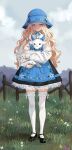  1girl black_footwear blonde_hair blue_dress blue_headwear bucket_hat carrying dress flower full_body goat grass hat highres long_hair looking_at_viewer mary_janes original oto1_030 outdoors pinafore_dress shirt shoes thigh-highs very_long_hair white_shirt white_thighhighs 