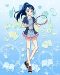 1girl artist_request blue_background blue_eyes blue_hair blue_theme commentary english_commentary eyelashes gradient_background happy highres long_hair looking_at_viewer minazuki_karen official_art ponytail precure precure_connection_puzzlun racket shoes smile solo standing tennis tennis_racket third-party_source yes!_precure_5