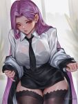  1girl black_skirt blush bra breasts fate/stay_night fate_(series) highres indoors large_breasts long_hair medusa_(fate) medusa_(rider)_(fate) necktie purple_hair sayanestia see-through skirt thigh-highs underwear violet_eyes wet wet_clothes 