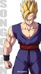  1boy absurdres artist_name biceps black_wristband blonde_hair character_name clenched_hand closed_mouth collarbone commentary_request cowboy_shot dougi dragon_ball dragon_ball_super dragon_ball_super_super_hero frown green_eyes highres horang4628 korean_commentary looking_at_viewer male_focus muscular muscular_male pectorals red_sash sash serious simple_background solo son_gohan spiky_hair standing super_saiyan super_saiyan_1 twitter_username v-shaped_eyebrows white_background wristband 